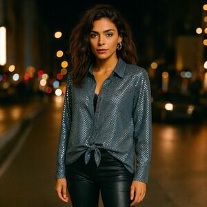 Venezia Jeans Women’s 18/20 Blue Sheer Metallic Dot Blouse Long Sleeve Disco Top